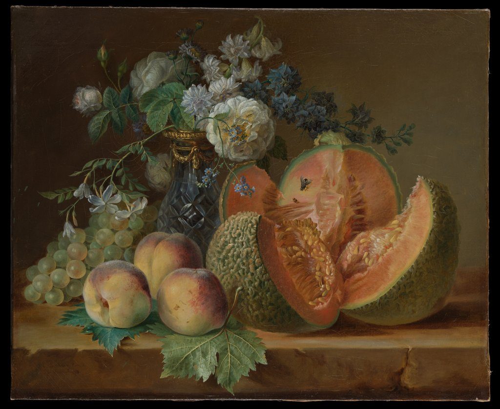 Nature morte au vase de fleurs, melon, pêches et raisins
